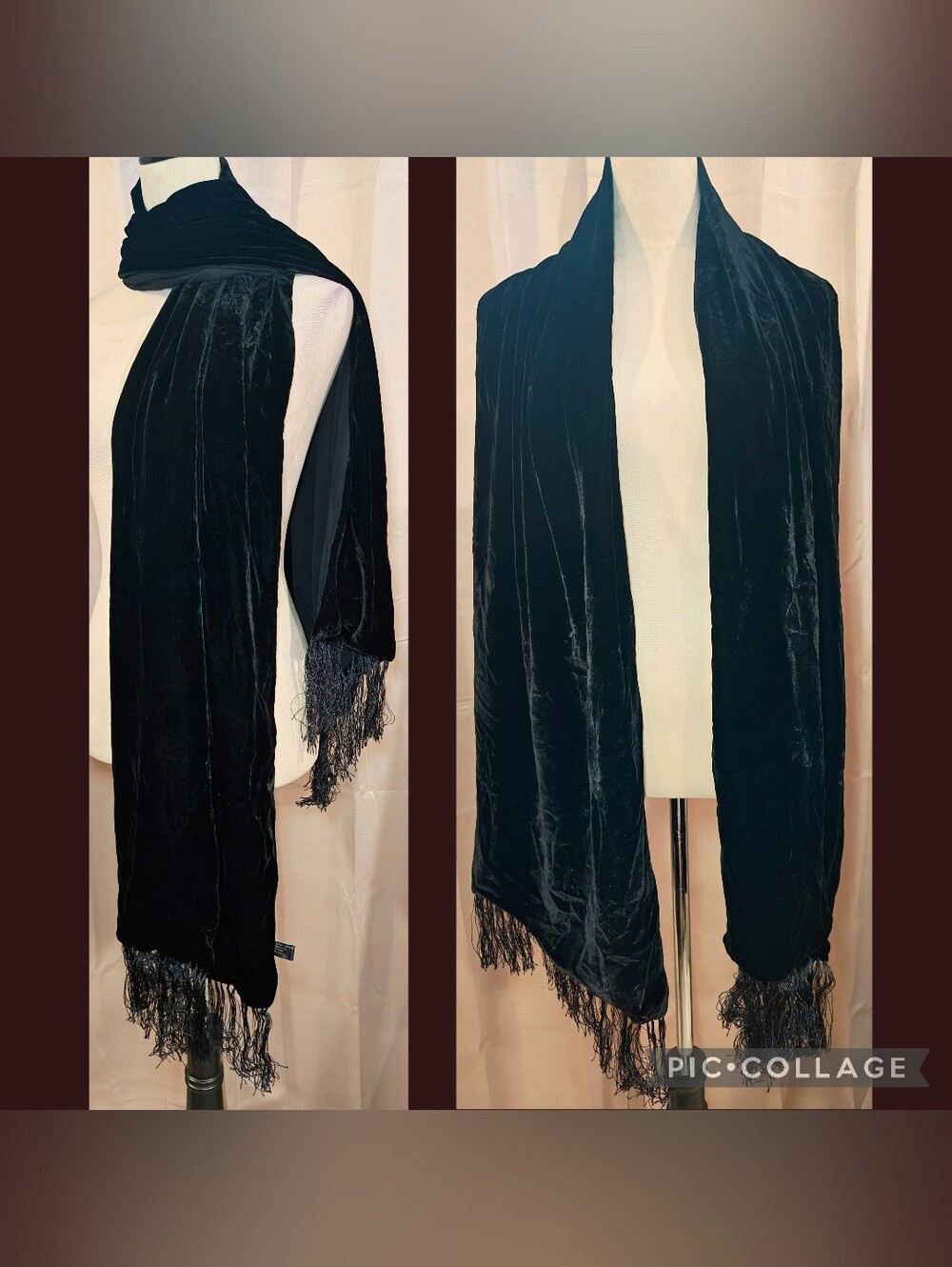 🖤 90s Luxury Silk Velvet Fringe Shawl Evening Wrap - Noir 🖤